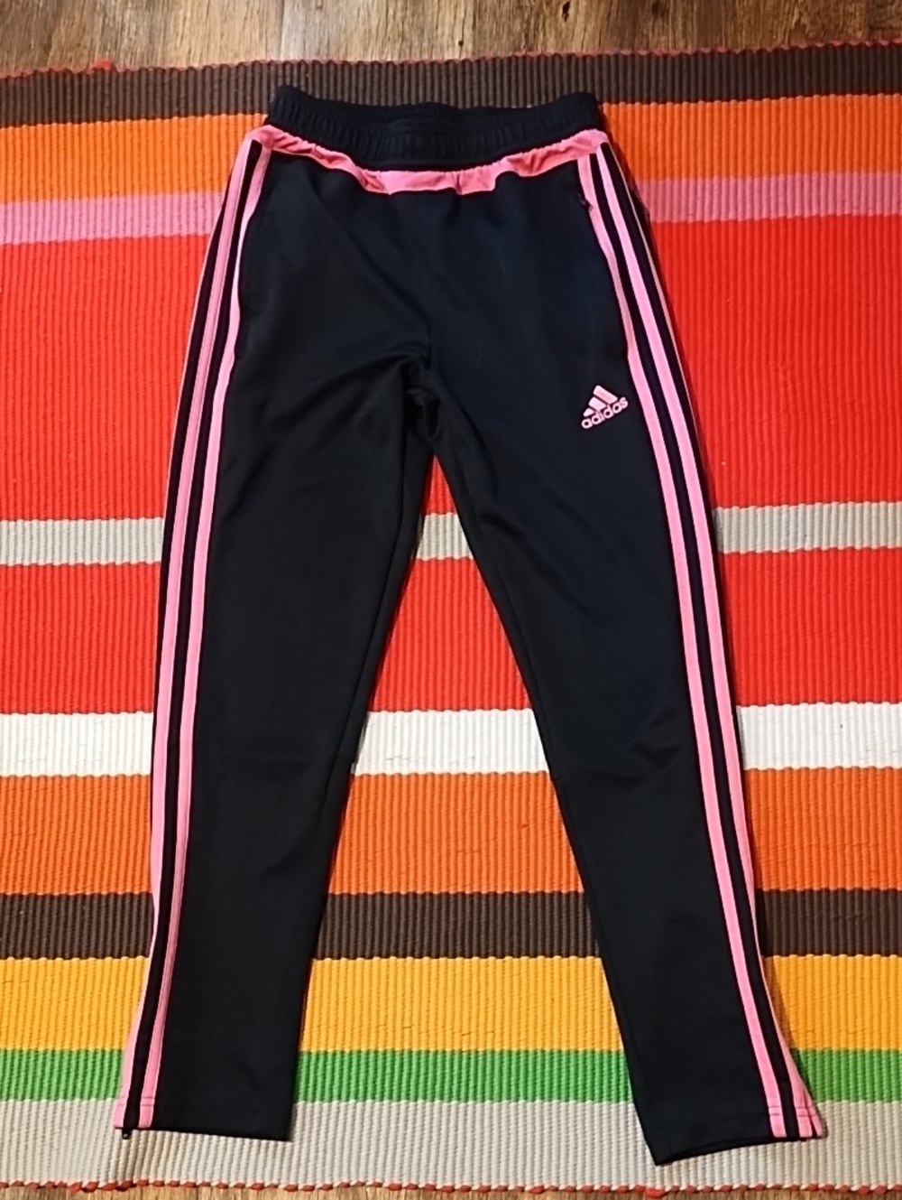 adidas Black Joggers with Pink Side Stripes Girls Med Good Condition.